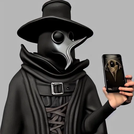 Image similar to plague doctor!!!! with a iphone in hand, 4 k, 8 k, photorealistic imagery