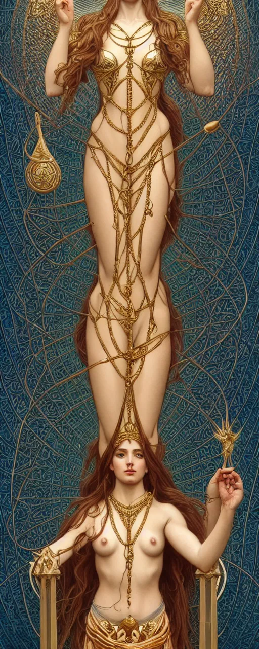 Image similar to perfectly detailed esoteric goddess of scales judgement tarot card!! blessed by nature with ever - increasing physical mental perfection, symmetrical! intricate, sensual features, highly detailed, biblical divine holy perfection!! digital painting, artstation, concept art, smooth, sharp focus, illustration, art by artgerm and greg rutkowski and alphonse mucha