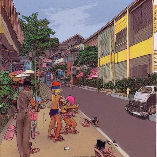 Image similar to a snapshot of daily life in a singaporean neighbourhood, by moebius