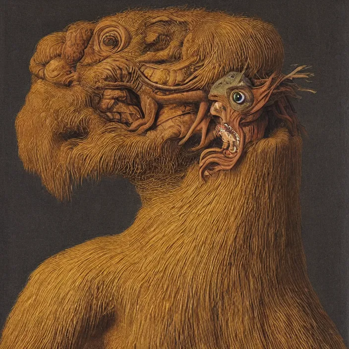 Image similar to close up portrait of a mutant monster creature with very long eyelashes that go up, covering the entire forehead. jan van eyck, walton ford
