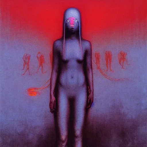 Image similar to charlies angels by beksinski and tristan eaton, beautiful dystopian neon hologram