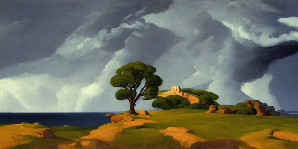 Prompt: a beautiful landscape painting of a rocky outcrop on the coast with a tree next to a house, raining, storm clouds, lightning, by edward hopper, oil on canvas, highly detailed, hd, 4 k