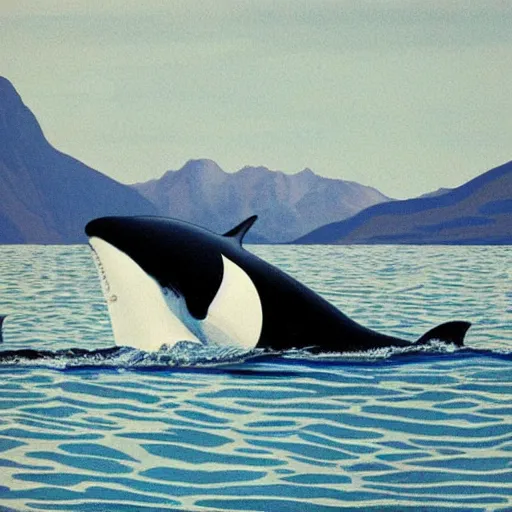 Prompt: orca swimming in a fiord, caricature, amazing details