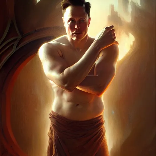 Prompt: Elon Musk as a Greek god, gorgeous, amazing, muscular, fit, intricate, highly detailed, digital painting, artstation, concept art, sharp focus, illustration, art by greg rutkowski and alphonse mucha