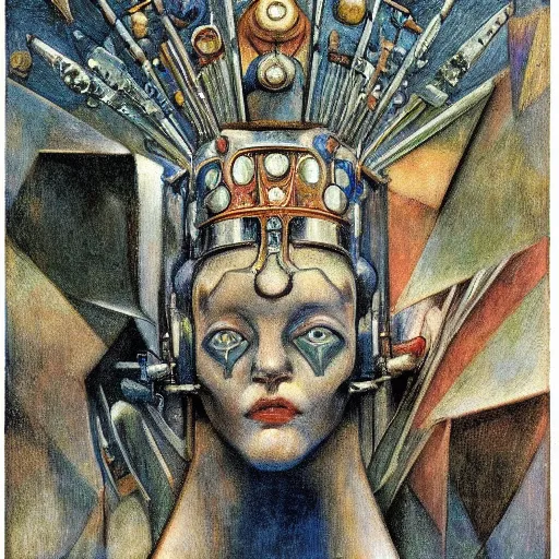 Prompt: the robot crown, by Annie Swynnerton and Diego Rivera , symbolist, dramatic lighting, elaborate geometric ornament, Art Brut, god rays, soft cool colors,smooth, sharp focus, extremely detailed, Adolf Wölfli and (Donato Giancola)