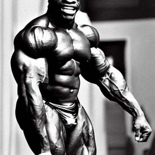 Image similar to ronnie coleman with ronnie coleman's physique as ronnie coleman in ronnie coleman's body, very muscular superhuman bodybuilder physique