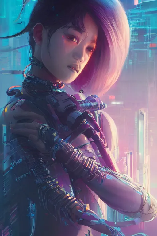 Image similar to portrait futuristic Ninja Girl, in future cyberpunk tokyo rooftop , ssci-fi, fantasy, intricate, very very beautiful, elegant, neon light, highly detailed, digital painting, artstation, concept art, smooth, sharp focus, illustration, art by tian zi and WLOP and alphonse mucha