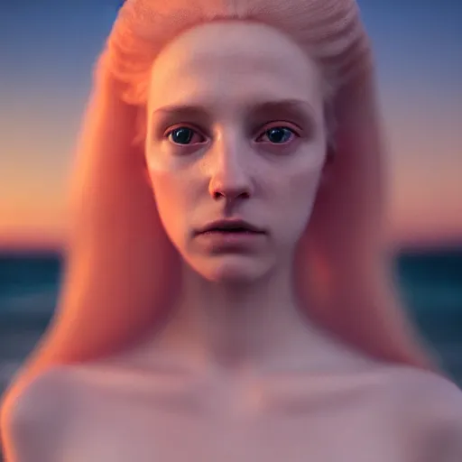 Image similar to photographic portrait of a stunningly beautiful english renaissance female in soft dreamy light at sunset, beside the ocean, soft focus, contemporary fashion shoot, in a denis villeneuve and tim burton movie, by edward robert hughes, annie leibovitz and steve mccurry, david lazar, jimmy nelsson, extremely detailed, breathtaking, hyperrealistic, perfect face, octane render