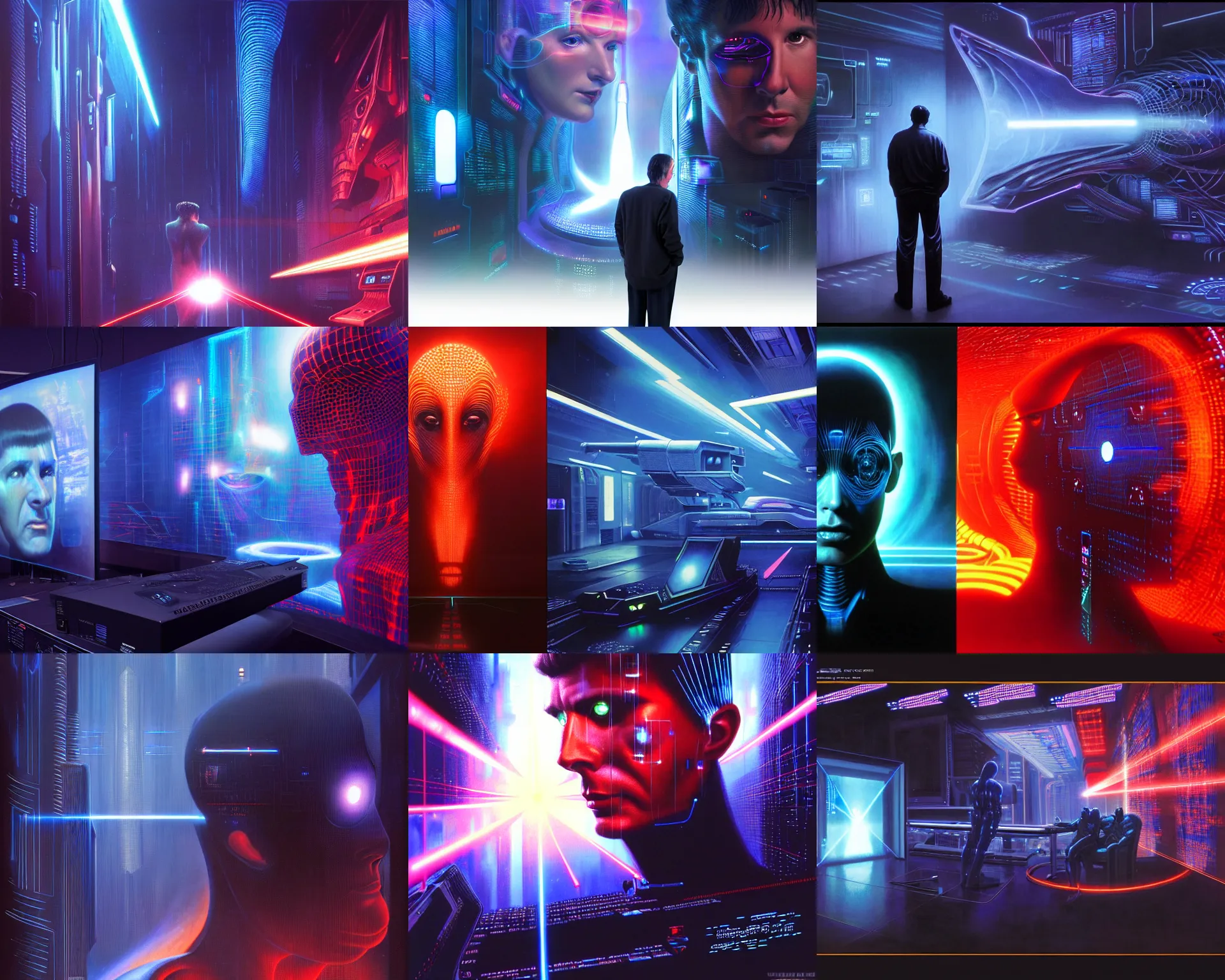 Prompt: using a laser to interact with a large computer, holograms, fantasy art portrait, ultra realistic, cinematic, blade runner tech, wide angle, highly detailed by wayne barlowe, boris vallejo, scott roberston, raf grassetti neville page, aaron horkey, craig mullins, roberto ferri, hajime sorayama