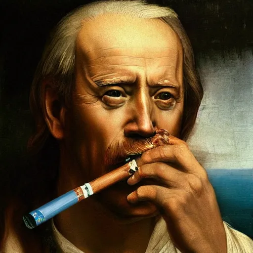 Image similar to a hyper realistic painting of joe Biden smoking a crack pipe. Leonardo da Vinci. Masterpiece 4k