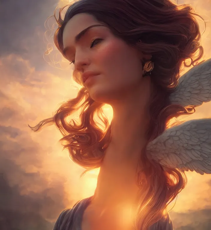 Image similar to centered waist up portrait photography an angel + bokeh + DOF + 8k, photorealistic + rendered in unreal engine + colors and composition by Peter Mohrbacher + line work by Dan Mumford , ultra realistic + backlit + strong rimlight, sunset + HDRI, HD, Photoreal