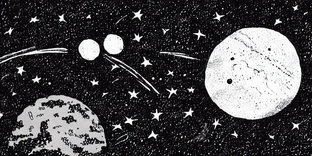 Image similar to ink lineart drawing of a shooting star towards a planet, comet, wide angle, seen from space, artstation, etchings by goya, chinese brush pen, illustration, high contrast, deep black tones contour