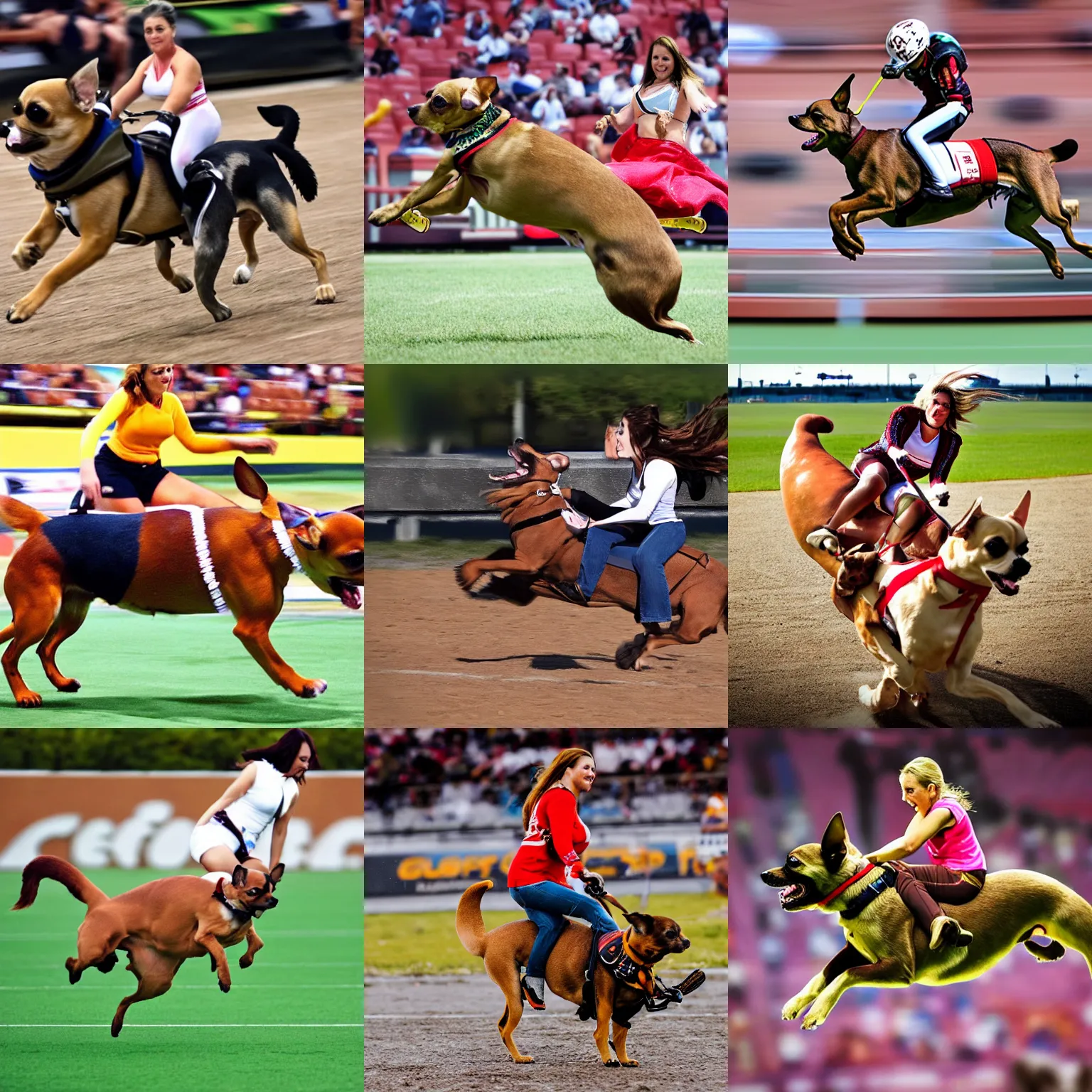 Prompt: action shot of a woman riding on a giant chihuahua, action photography, sports photography, espn