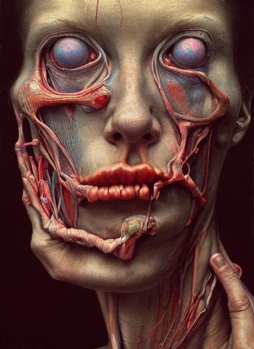 Image similar to there is ugliness in beauty, but there is also beauty in ugliness detailed portrait painting inspired by beksinski and alex gray, accurate anatomy, vintage, by jenny saville, edward hopper trending on artstation. 8 k