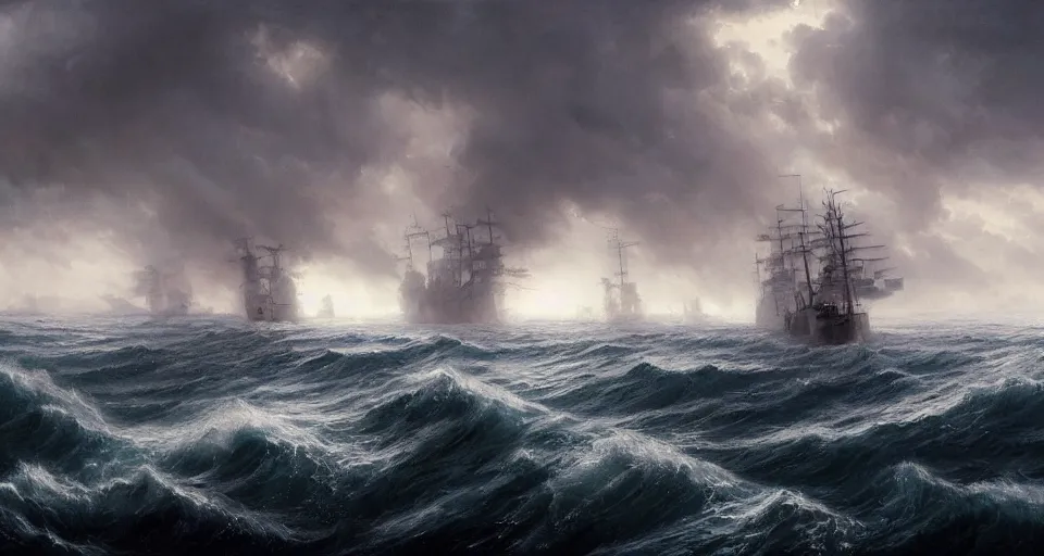 Prompt: enormous sailing battleship, raging sea foggy, dramatic, action scene, stormy background, shipfleet on the horizon, high detail, greg rutkowski, james gurney, gene wolfe, gustave dore, jesper ejsing, rhads, makoto shinkai, ilya kuvshinov