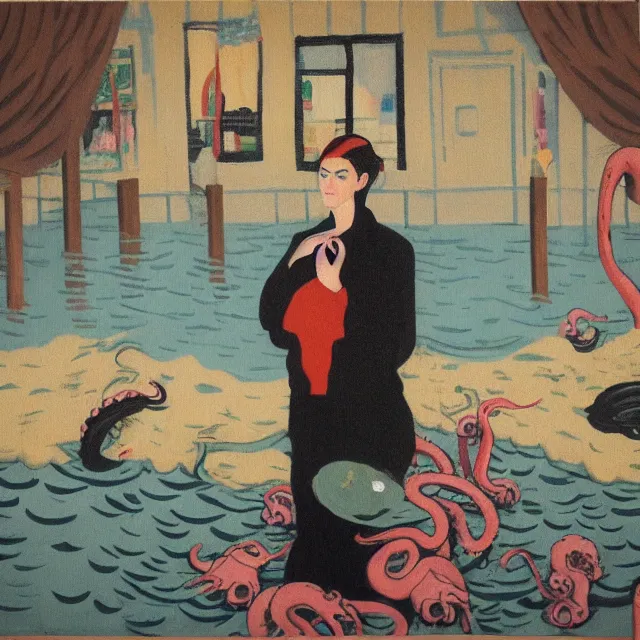 Image similar to tall female emo artist holding an octopus in a flooded cafe, bagels, pigs, water gushing from ceiling, painting of flood waters inside a cafe, a river flooding indoors, pomegranates, pigs, ikebana, water, octopus, river, rapids, waterfall, black swans, zen, canoe, berries, acrylic on canvas, surrealist, by magritte and monet