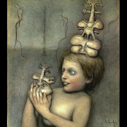 Image similar to a hyper realistic painting of a child playing with alien body parts, by alfred kubin, highly detailed, vivid color,