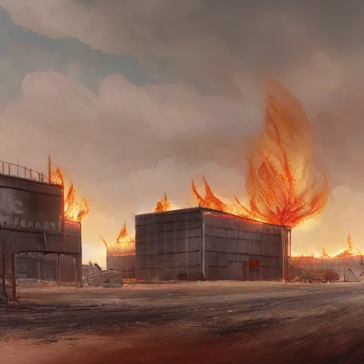 Prompt: a burning factory in the middle of a sandy desert. artstation. high-quality.