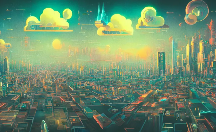 Image similar to Wide angle shot of a city with holographic fishes floating in the sky by Petros Afshar, James Gilleard, Mark Ryden, Wolfgang Lettl highly detailed, Dark cineamtic and atmospheric lighting