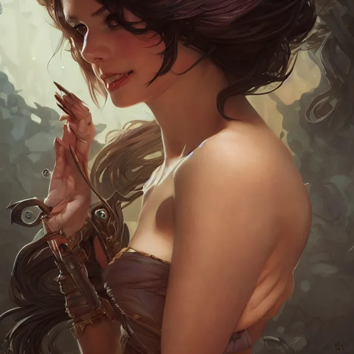 Image similar to portrait of a hot woman, D&D, fantasy, highly detailed, digital painting, artstation, smooth, sharp focus, illustration, art by artgerm and greg rutkowski and alphonse mucha