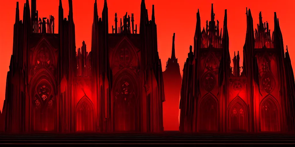 Image similar to dark gothic cathedral, gothic architecture, at the top of a red rock canyon, artstation concept art, beautiful matte painting, ultrawide angle, red and orange and black color palette, chiaroscuro lighting