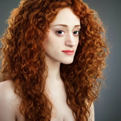 Image similar to curly ginger hair Emmy Rossum, realistic, photo studio, HDR, 8k, trending on artstation