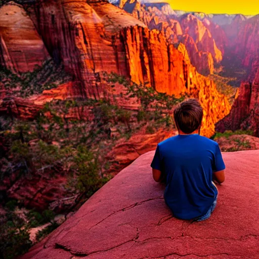 Image similar to award winning cinematic still of teenager boy praying in zion national park, rock formations, colorful sunset, epic, cinematic lighting, dramatic angle, heartwarming drama directed by Steven Spielberg