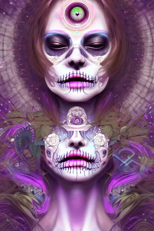 Image similar to ultra detailed female android deity, eyes closed, 8 k, flowerpunk, psychedelic vector art, digital painting, sci - fi, fantasy, moody, calm, ( dia de los muertos ), asymmetrical, concept art, art by artgerm and giger and michael welan and alphonse mucha and loish and wlop
