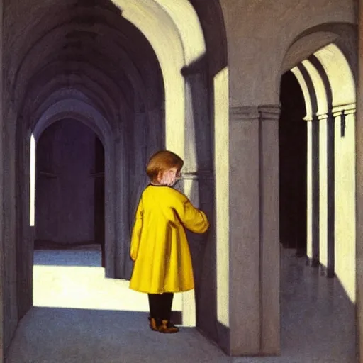 Image similar to in the distance, a little girl with short black hair and wearing a yellow coat alone in the inner courtyard of a cloister in an abbey, the light is bright and wintry, painting by hopper and de chirico