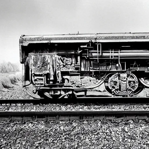 Image similar to boxcar made of human meat and bone, biomechanical railroad, highly detailed, War Photography, Pushead art, by H.R. Giger