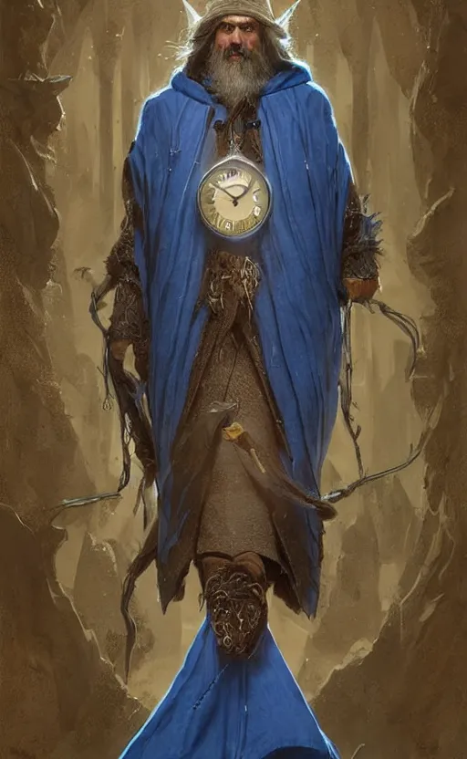 Image similar to portrait of a middle aged elf with a long beard, dressed in a blue cloak with clock iconography, brown hair, raised hand, detailed face, fantasy, highly detailed, cinematic lighting, digital art painting by greg rutkowski