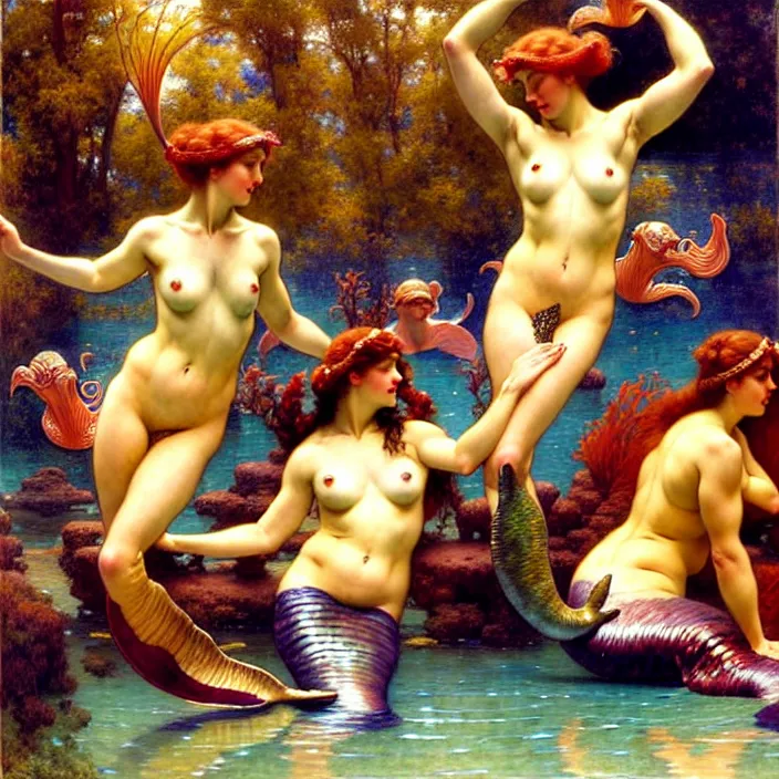 Prompt: mermaids wrestling while swimming, hard lighting, full body, warm lighting, painting by gaston bussiere, craig mullins, j. c. leyendecker, lights, art by ernst haeckel, john william godward, hammershøi