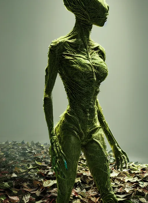 Prompt: alien woman, in a laked, clothes made out of leaves, rgb, cables everywhere, bedroom, ultra realistic, concept art, intricate details, highly detailed, photorealistic, octane render, 8 k