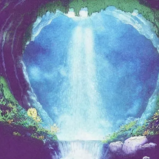 Image similar to “ ancient portal to other dimension in middle of waterfall in studio ghibli film, very detailed, masterpiece, chinese water color painting ”