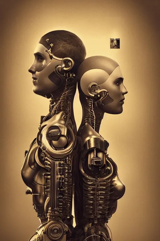 Image similar to a beautiful ultradetailed vintage photo of two cyborgs facing away from each other, by tom bagshaw and anna dittman, couples portrait, vignette, 35mm lens, golden ratio composition, detailed faces, studio photography, very detailed, humanoids, industrial robots, artstation, 8k, highly coherent