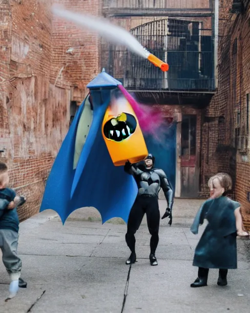 Image similar to happy batman firing super soaker water gun in an alleyway, everyone having fun, toy product advertisement, photography