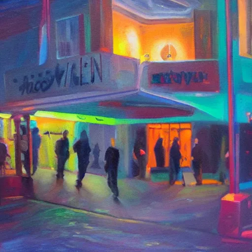 Prompt: Leaving Heaven Nightclub at 5am, oil on canvas