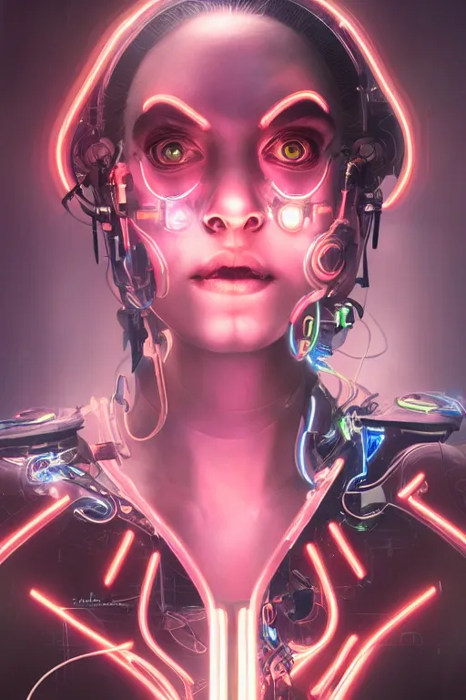 Image similar to portrait of a trippy cyborg girl with biotechnical parts and neon light by Artgerm and Gustave Doré , digital painting, highly detailed, trending on artstation