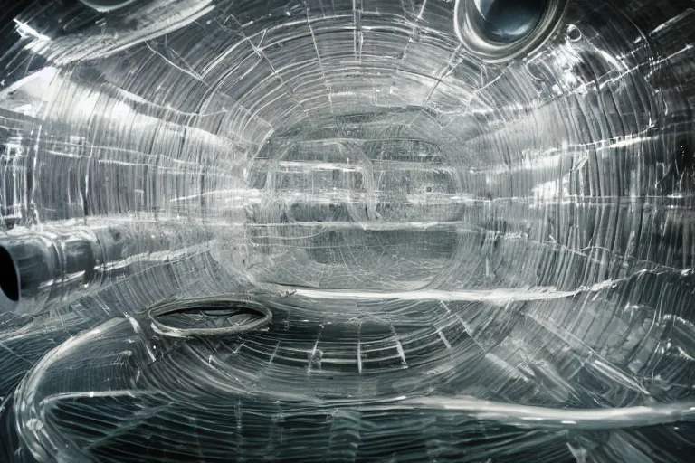 Image similar to vector monitor screen showing clear plastic pipes transporting liquid through an endless y 2 k crt lined tunnel, porcelain floating through, low - light photograph, in style of tyler mitchell