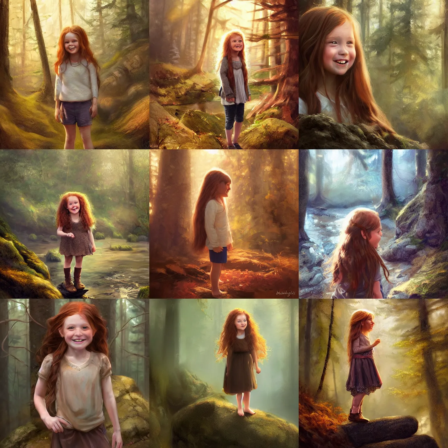 Prompt: beautiful 5 year old girl with long ginger hair and brown eyes, smiling and standing on a rock in the forest. warm atmospheric lighting. realistic face. highly detailed digital painting by mandy jurgens.