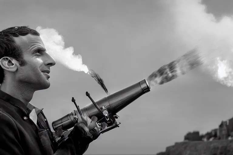 Image similar to closeup portrait of emmanuel macron firing a cannon at england at the beach, natural light, sharp, detailed face, magazine, press, photo, steve mccurry, david lazar, canon, nikon, focus