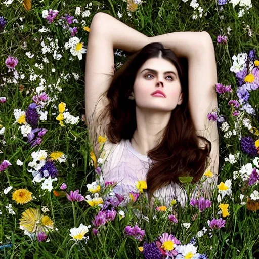 Image similar to alexandra daddario laying in a field of flowers, with bees all over the flowers