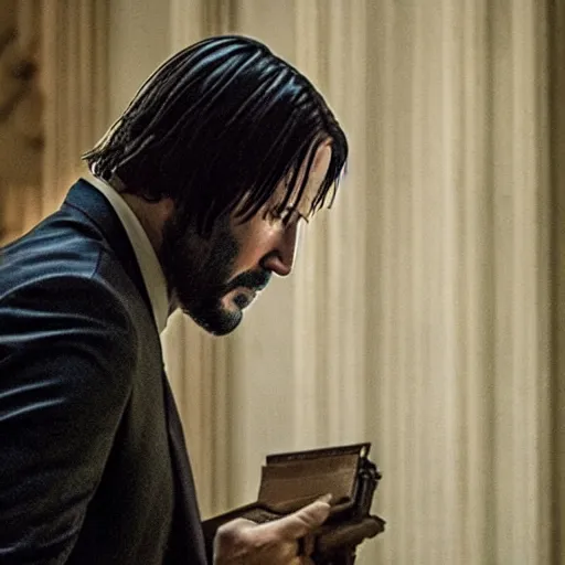 Prompt: cinematic still of John Wick reading the Bible in John Wick (2009). shallow depth of field, cinematic