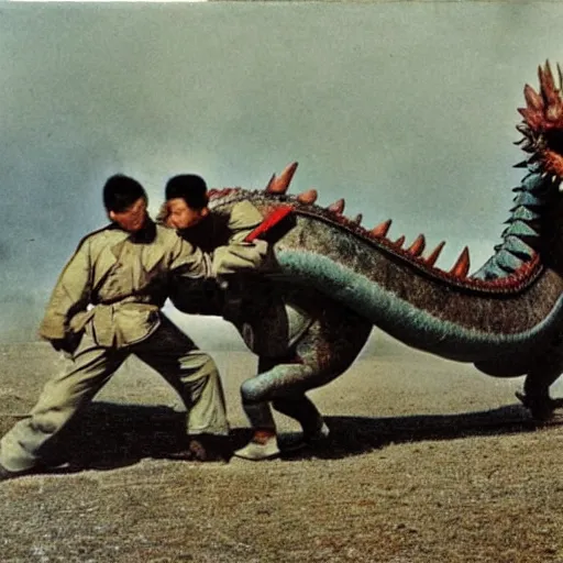 Prompt: photo of Japanese dogfighters fighting a giant oriental dragon, world war 2, Color,