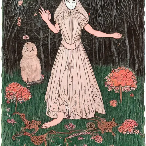 Prompt: In the conceptual art Vasilisa can be seen standing in the forest, surrounded by animals. She is holding a basket of flowers in one hand and a spindle in the other. Her face is turned towards the viewer, with a gentle expression. In the background, the forest is depicted as a dark and mysterious place. light, face paint by Junji Ito