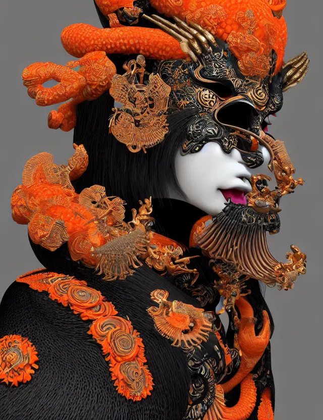 Image similar to 3 d goddess close - up profile portrait biomechanics with ram skull. beautiful intricately detailed japanese crow kitsune mask and clasical japanese kimono. betta fish, jellyfish phoenix, bio luminescent, plasma, ice, water, wind, creature, artwork by tooth wu and wlop and beeple and greg rutkowski. gold black teal and orange color scheme