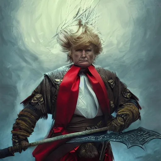 Prompt: an epic portrait of a person looking like donald trump wielding a spear, magical aura of insanity, intricate hakama, poofy red wig, eerie, highly detailed, dark fantasy, art by artgerm and greg rutkowski