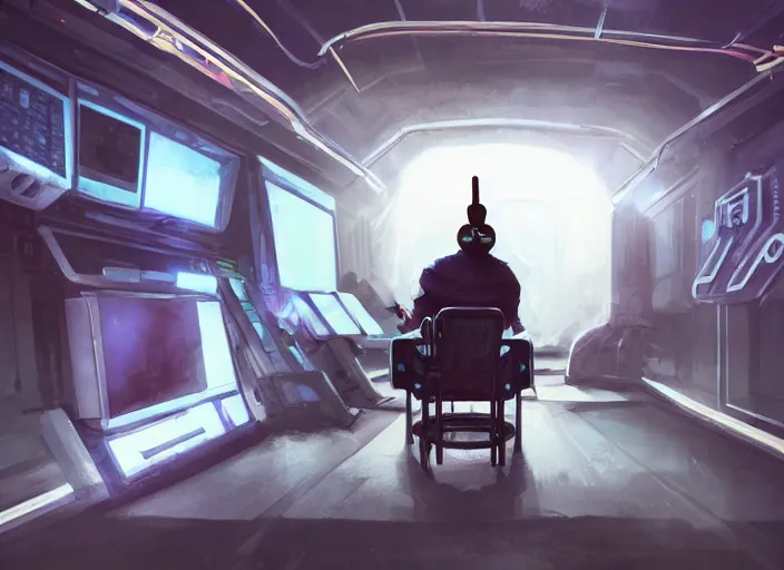 Prompt: a man sitting on a chair with things attached to his head, screens and monitors in front of him playing videos, ship interior, narrow hallway, scifi colors, dramatic lighting, dark, spotlight, surreal, by magali villeneuve