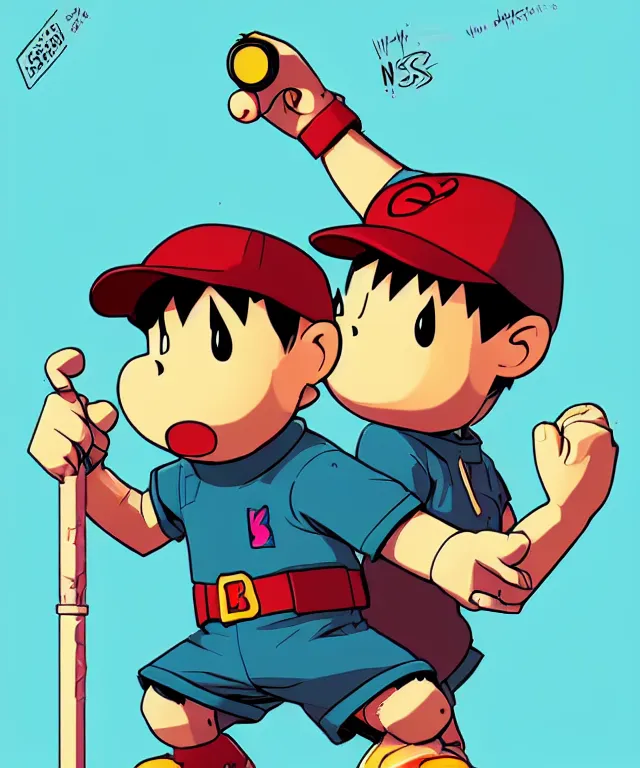 Image similar to ness from earthbound in the art style of josan gonzalez, crisp 8 k line art, digital painting, artstation, concept art, matte, sharp focus, hyper realistic lighting, illustration