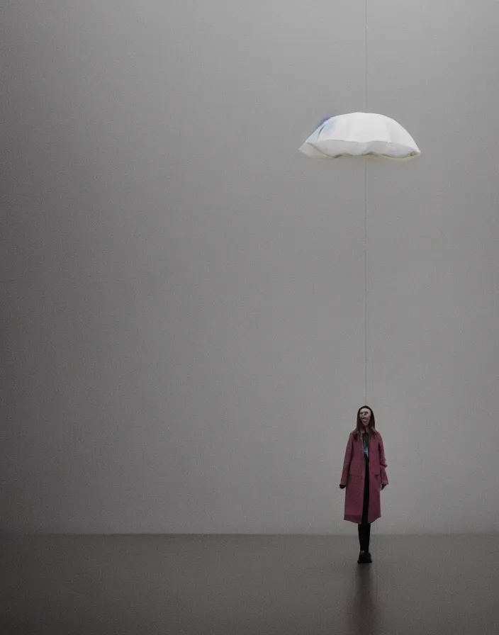 Prompt: close - up portrait of an empty slick fashionable zara raincoat floating suspended mid - air on a glittering wet rainy display designed by olafur eliason, james turrell, shot by wes anderson, lily frank, symmetry, rule of thirds